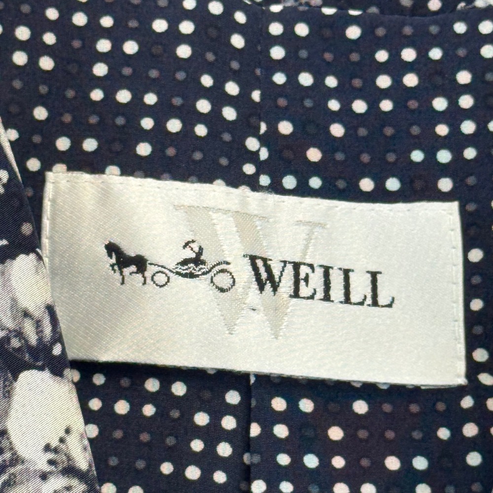 Weill Paris 100% Silk Floral Polka Dot Striped Trim Blazer Navy White Size 10 - Picture 4 of 16